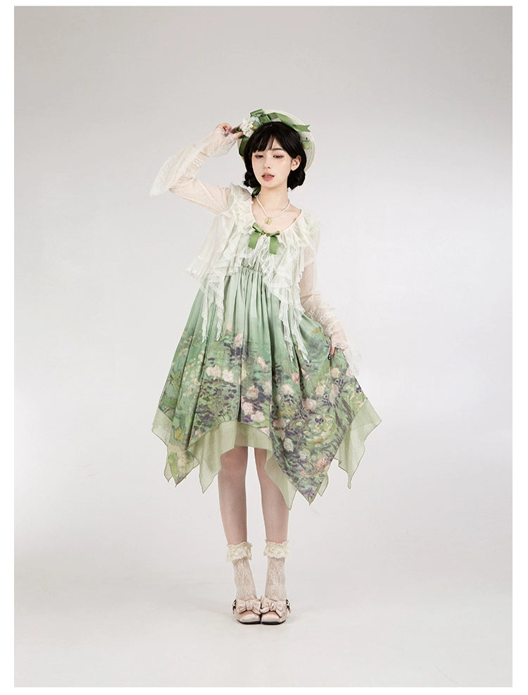 With PUJI~Blooming Rose~Chiffon Classic Lolita Dress Set Painting Styled OP & JSK 42925:758706