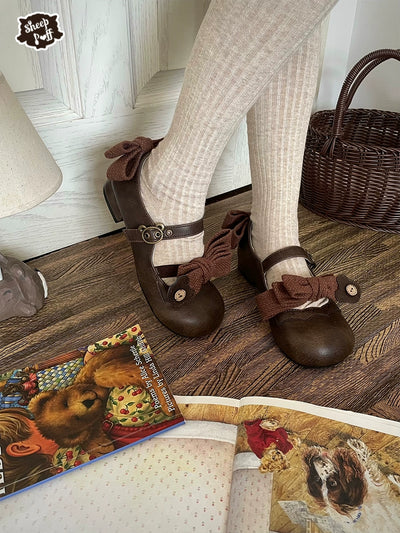 Sheep Puff~Bear Room~Sweet Lolita Shoes Double Bow Round Toe Flat Shoes   