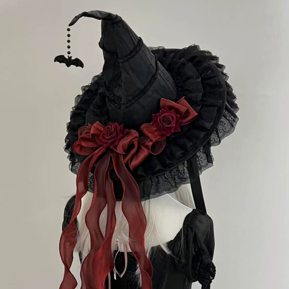 Gothic Lolita Witch Hat, Detachable Bow Black Hat (with plain brim) + Red Bow