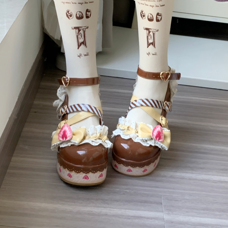 Aimee~Strawberry~Sweet Lolita High Platform Shoes Kawaii Lolita Shoes Brown 34