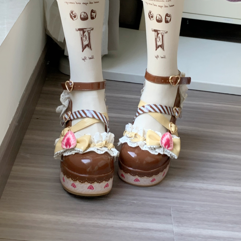 Aimee - Strawberry - Sweet Lolita High Platform Shoes Kawaii Lolita Shoes Brown 34