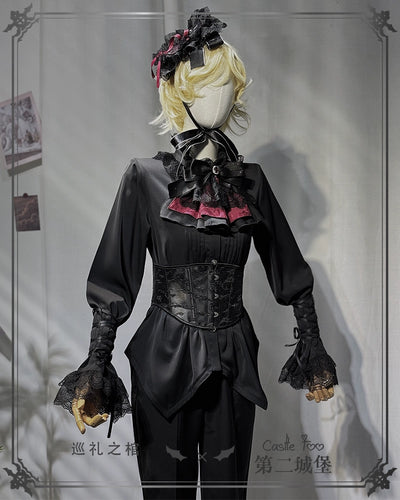 (BFM)CastleToo~Coffin of Pilgrimage~Ouji Lolita Shirt Pants Suit Medieval European Prince Suit Free size Black and red scarf + red bow tie 