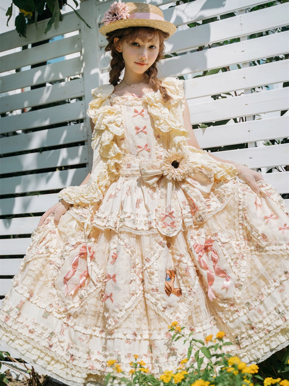 MONO GIRL~Rottengburg Bear~Sweet Lolita JSK Print Hollow-out Ruffles Dress 40730:674864