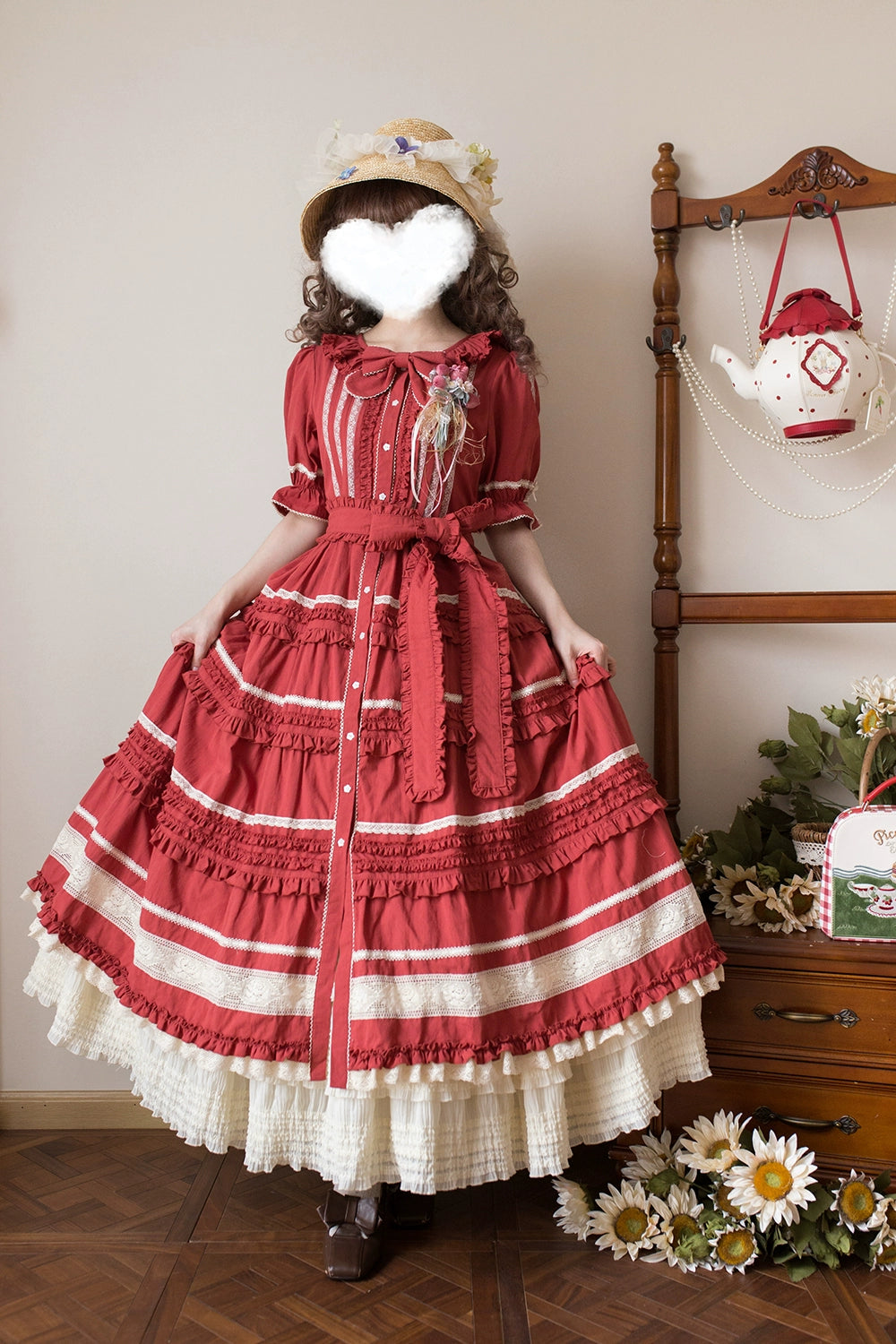 Miss Point~Cat Rose Tea~Elegant Lolita OP Open-front Short Sleeve Tiered Dress