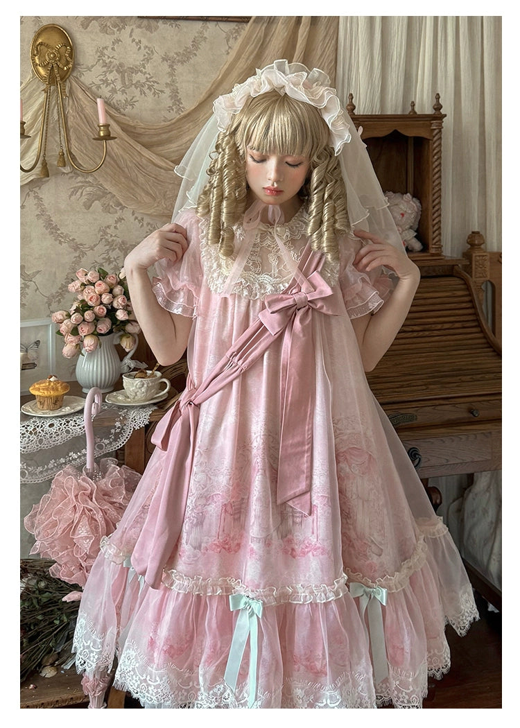 Spireme Cat - Wedding in Dream - Pink Sweet Lolita OP Dress, Detachable Corset OP + Waist Tie S