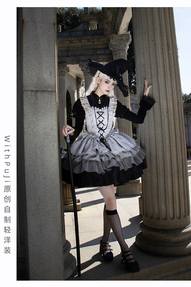 With Puji~Innocent Talk~Halloween Chinese Style Lolita OP Black-silver Gray Dress   