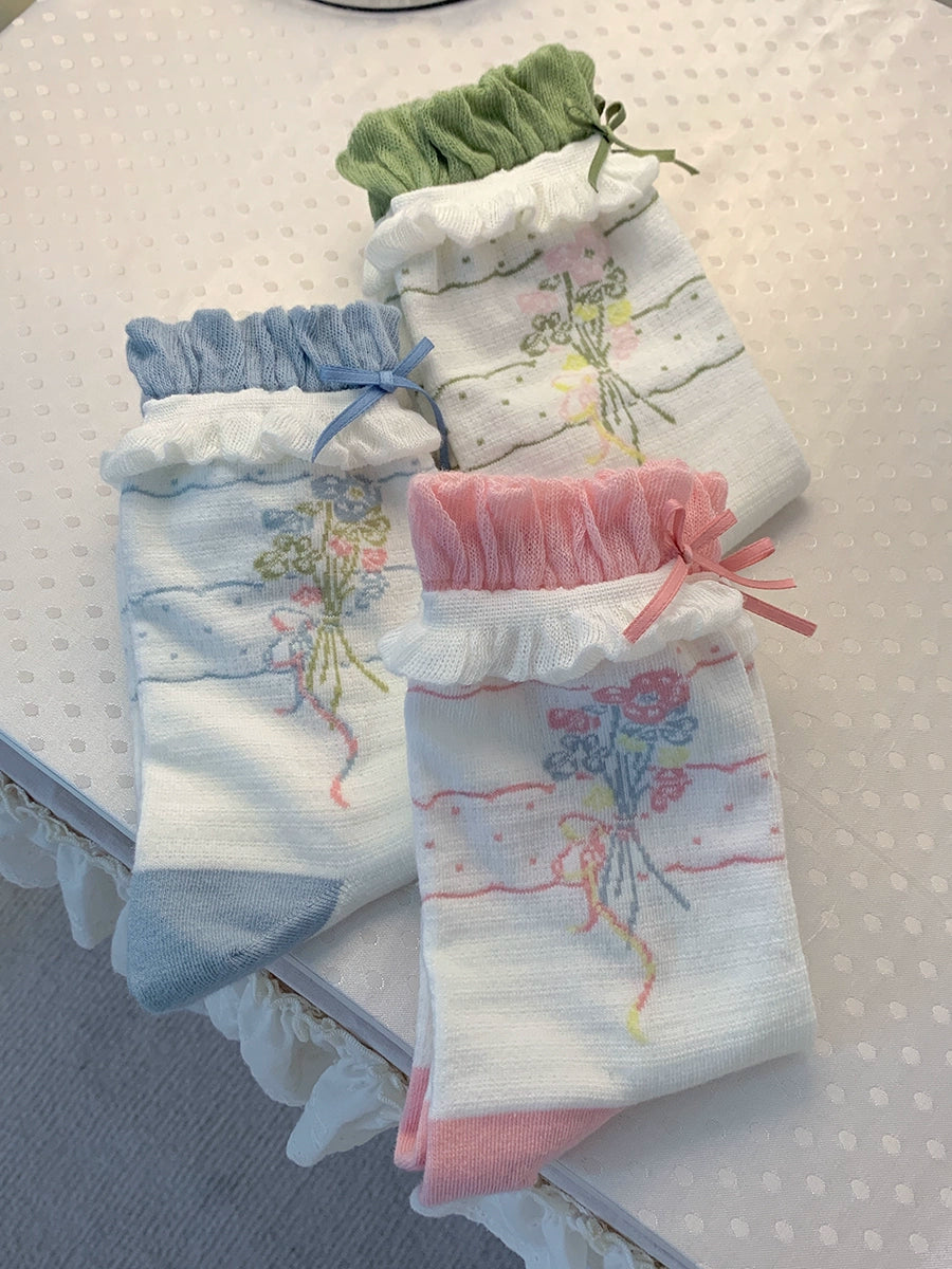 Roji Roji - Spring Floral - Sweet Cotton Lolita Ankle Socks One Size Pink+Blue+Green