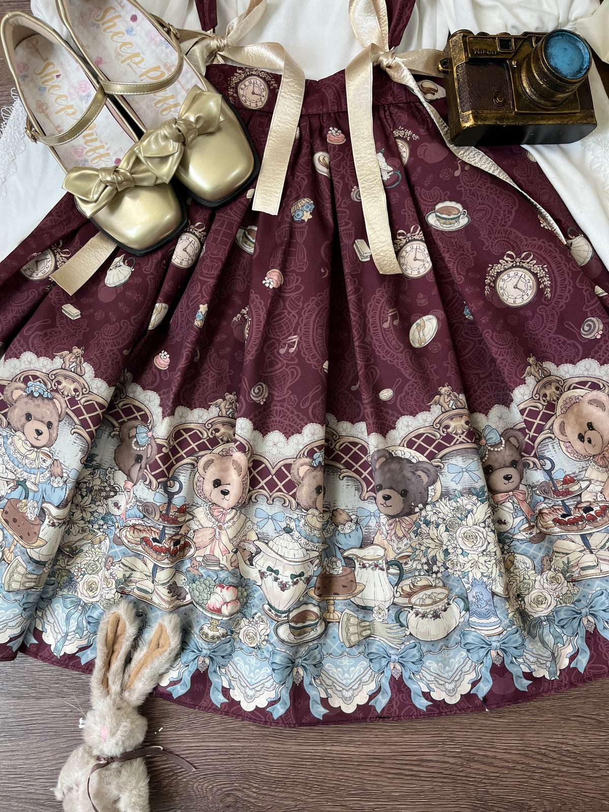 Bear's Tea Party - Kawaii Vintage Lolita Suspender Skirt, Bear Print 46007:871881