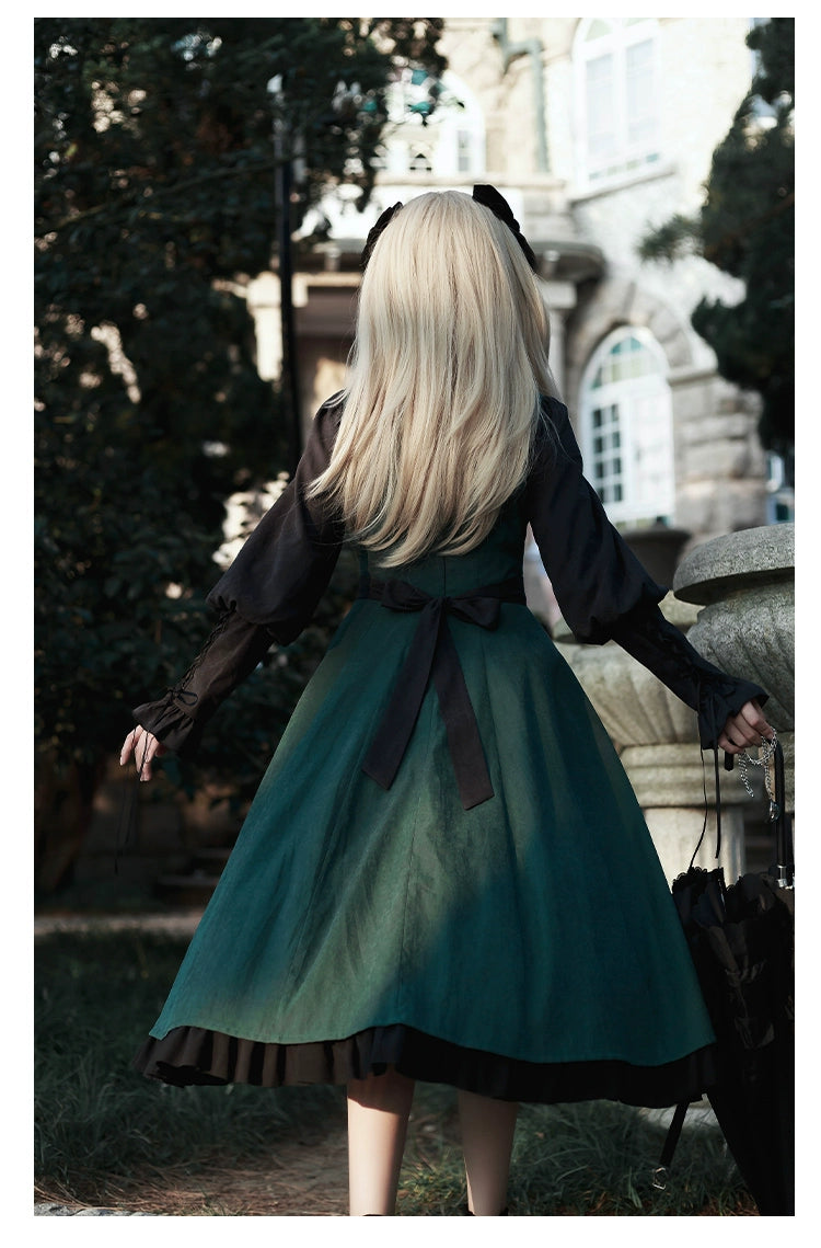 With PUJI~College of Potions~Elegantt Lolita OP Dress Black and Green Dress with Cape   