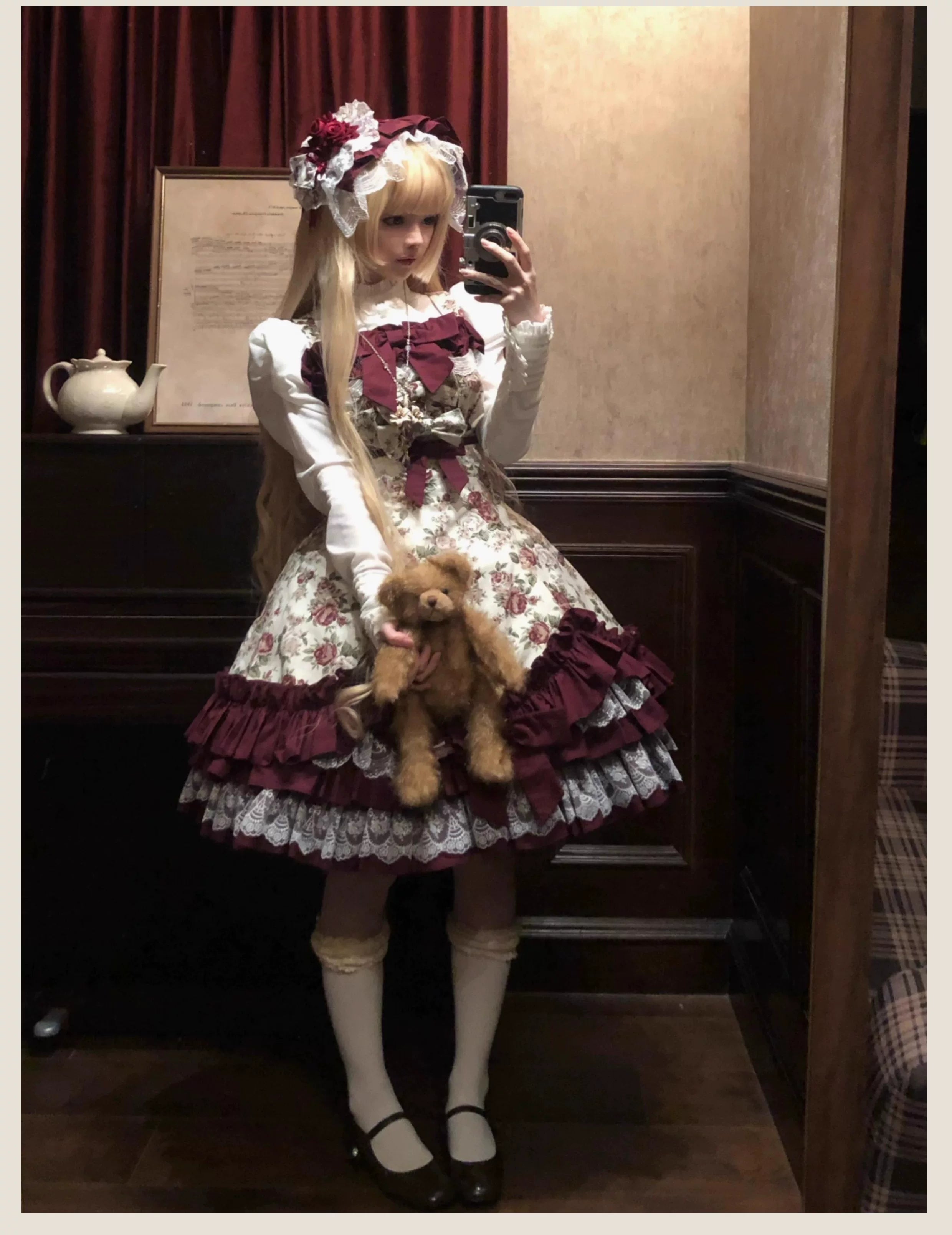 Burgundy Rose - Floral Printed Old School Lolita JSK, Elegant Cape