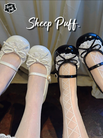Sheep Puff~Little Leila~Daily Lolita Lace Round Toe Flat Shoes Multicolors   