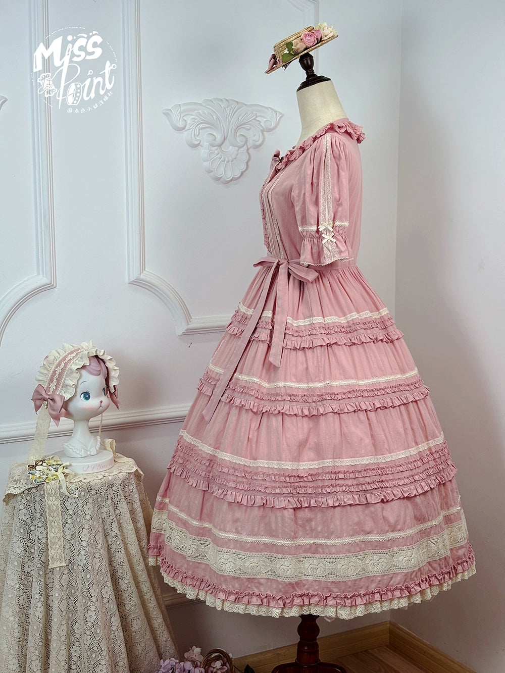 Miss Point~Cat Rose Tea~Elegant Lolita OP Open-front Short Sleeve Tiered Dress 42135:727839