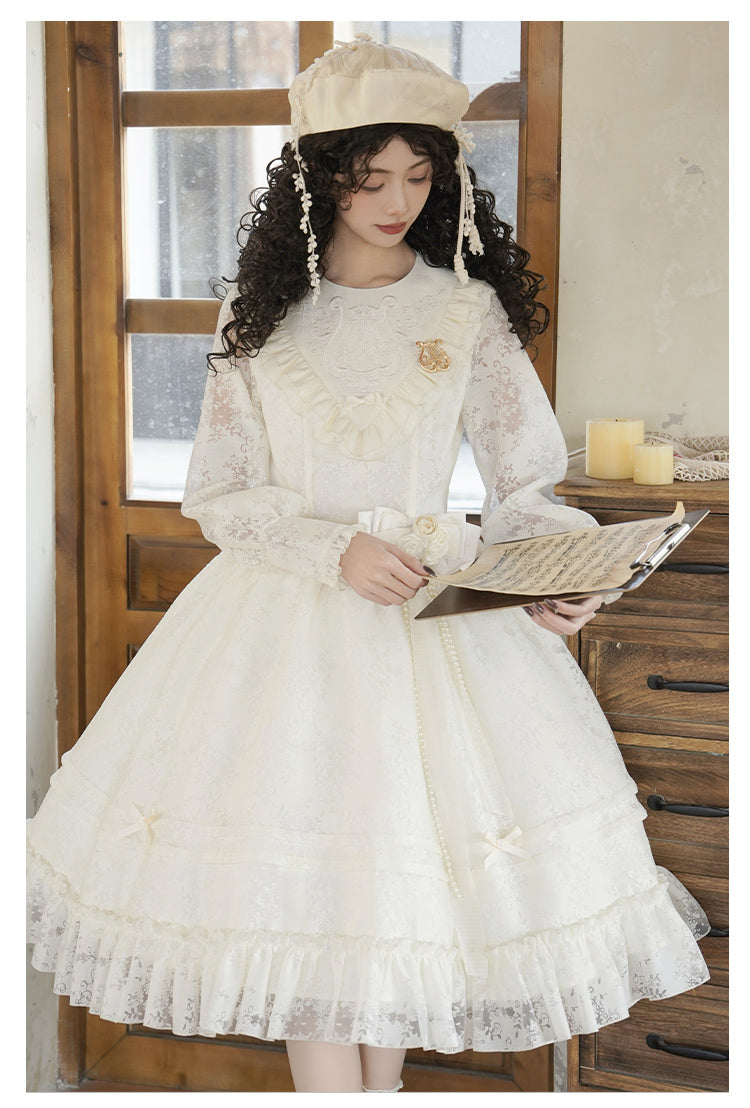 With PUJI~Floral Melody~Ivory Classic Lolita Long Sleeve OP Dress with Layered Bolero