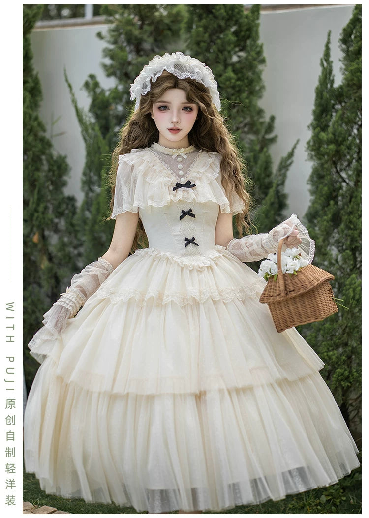 White Mist Promise - Classic Lolita Corset OP Set, Edwardian Collar & Tiered Hem 45173:838292