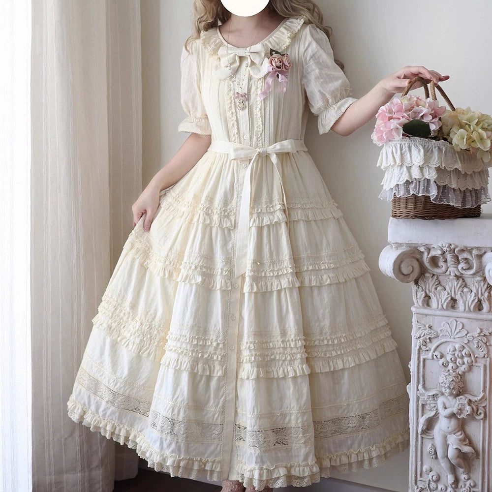 Miss Point~Cat Rose Tea~Elegant Lolita OP Open-front Short Sleeve Tiered Dress