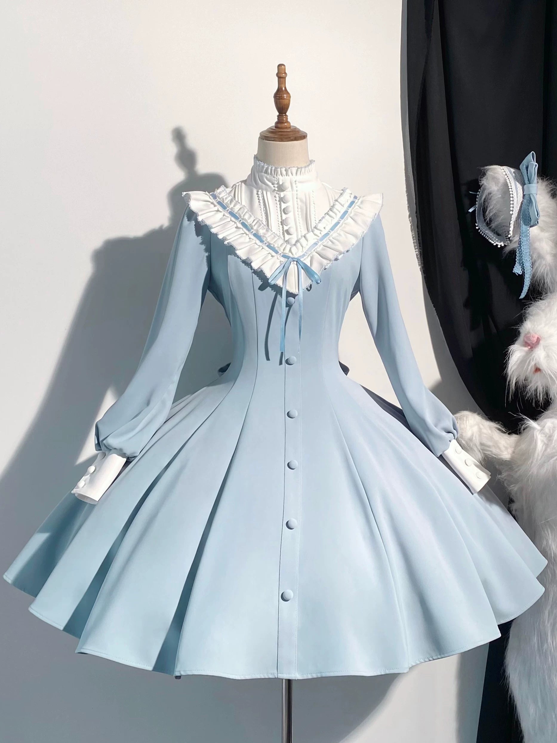 Winter Birch - Classic Lolita Slim Fit OP Dress, Standing Collar Gray Blue - Short OP S