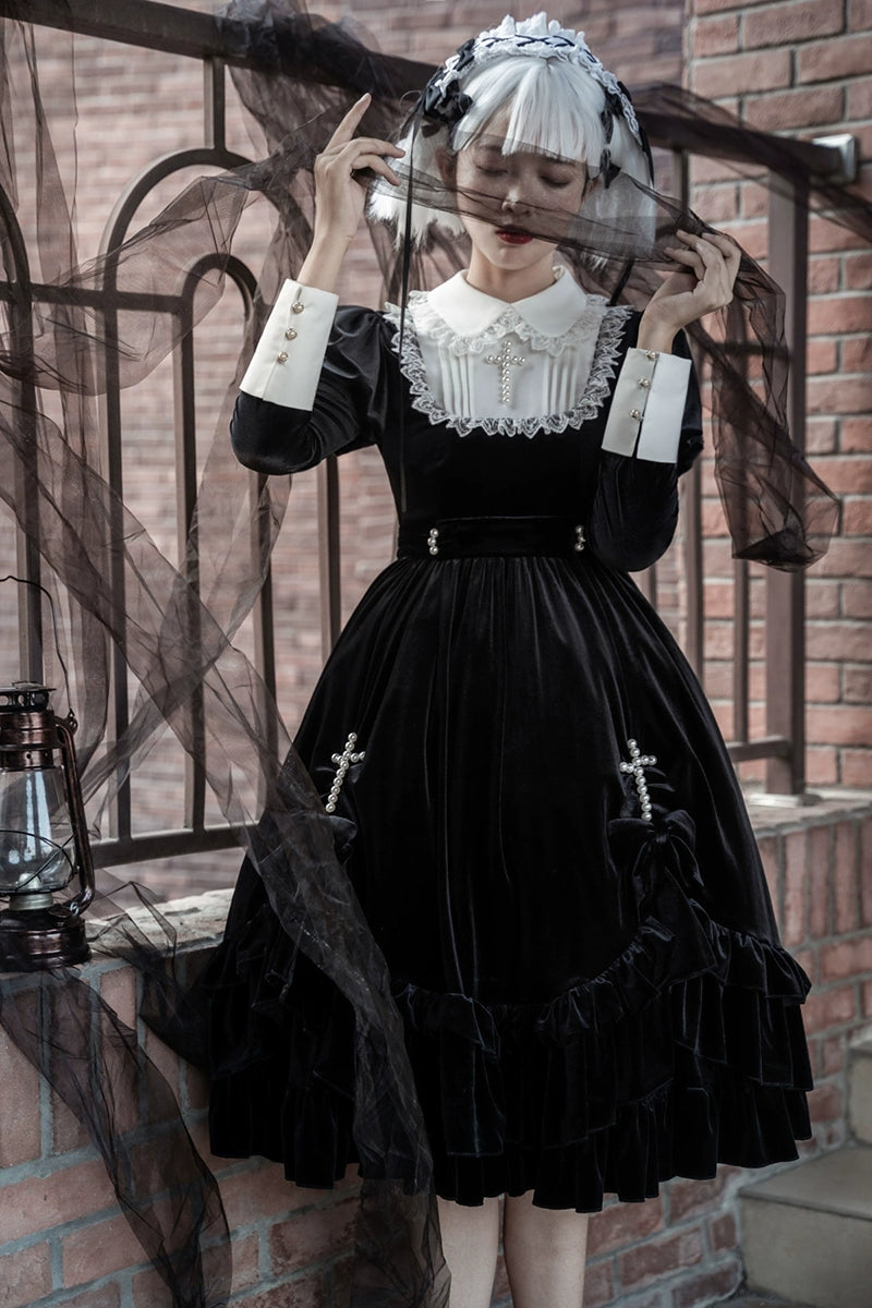 Your Princess - Gothic Lolita Velvet Maid OP Dress, Pearl Cross Accents 44047:794481