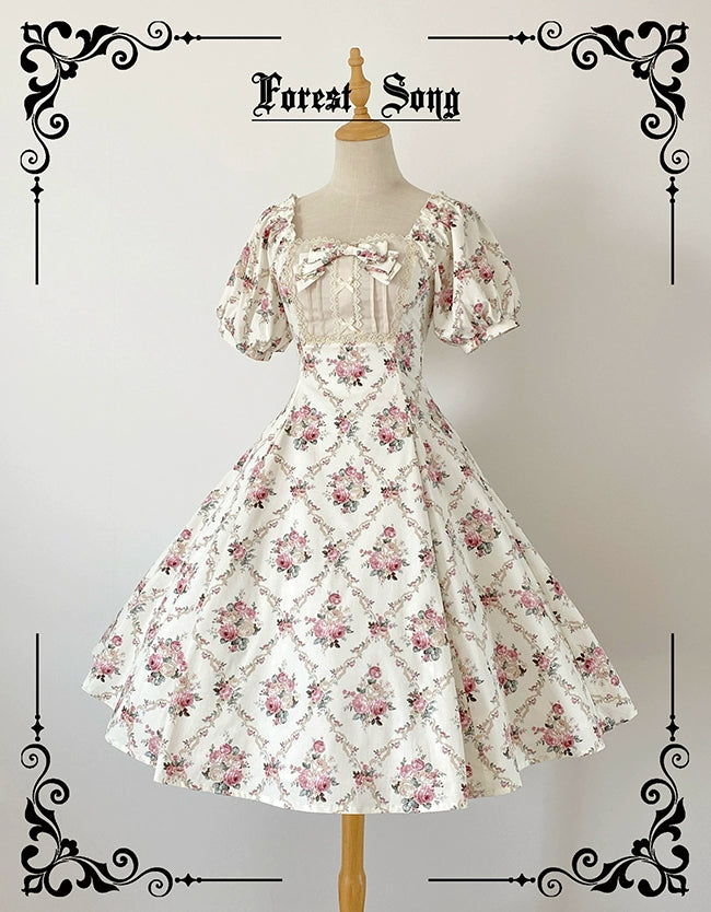 Forest Song - Pastoral Poem - Elegant Lolita OP Dress Floral Print 6-Piece Cut Lolita Dress (L M S XL) 36812:533660