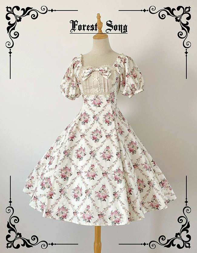 Forest Song~Pastoral Poem~Elegant Lolita OP Dress Floral Print 6-Piece Cut Lolita Dress S Beige Floral Wall OP 