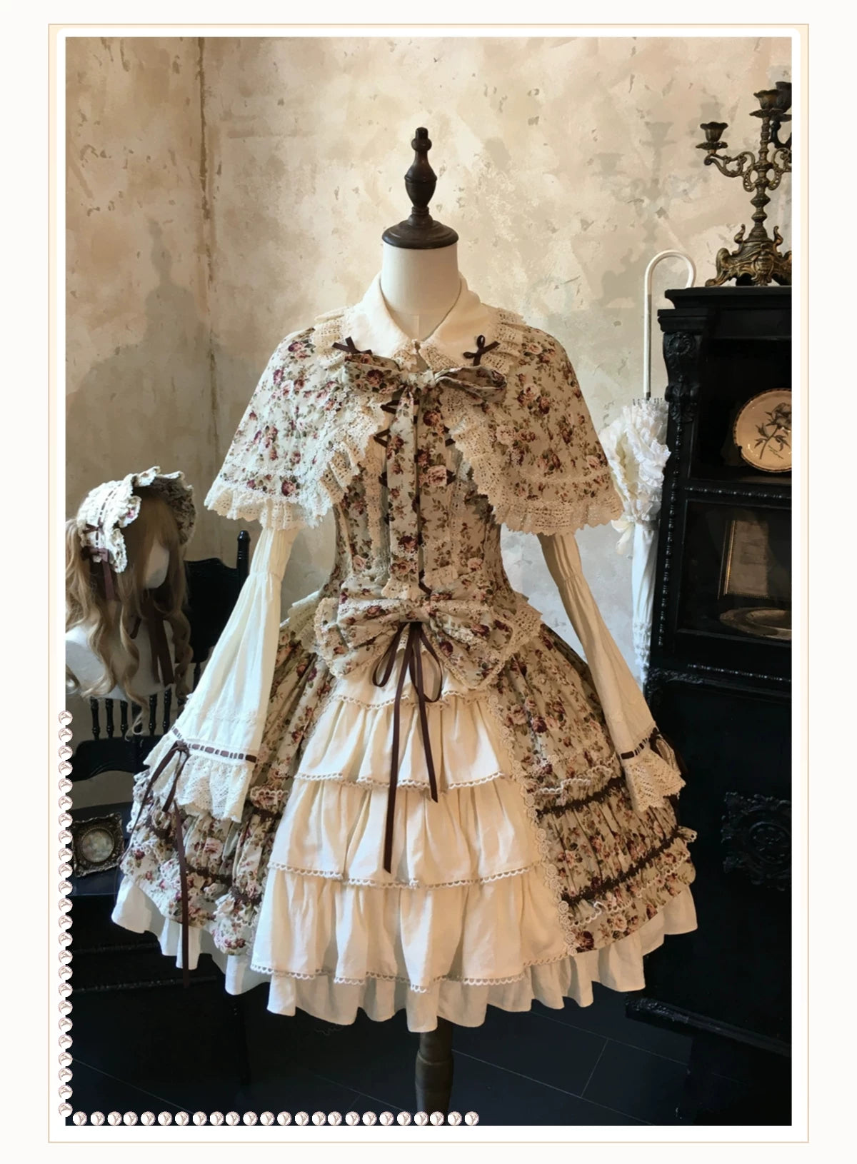 Old Rose Garden - Cotton Old School Lolita Top & Skirt Set, Floral Print (Brown / L M S XL XS) 45886:866532