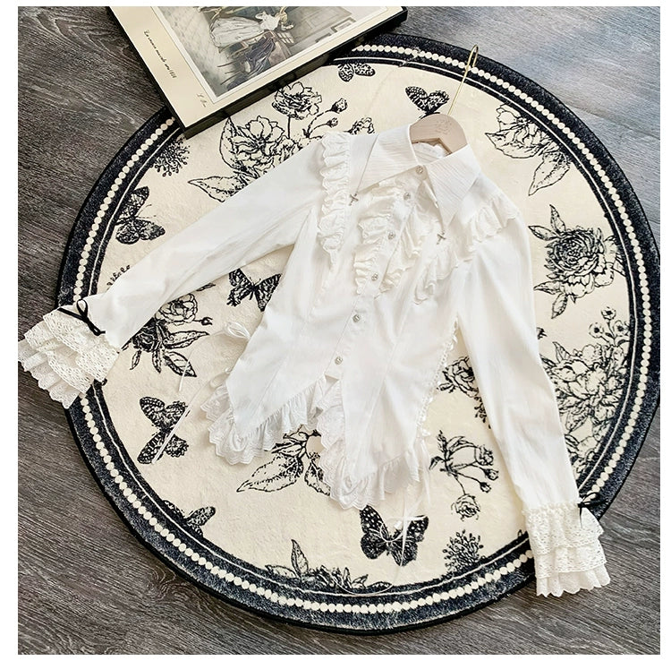 With PUJI - Black White Gothic Lolita Blouse, Waist Lace-Up