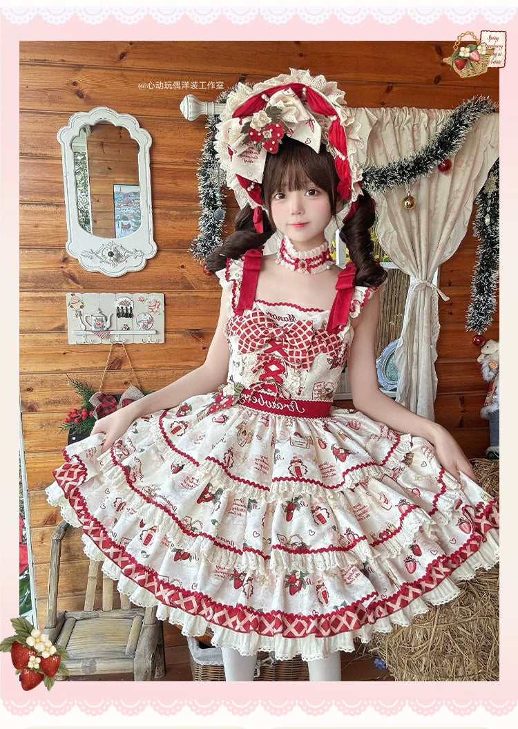 Strawberry Garden - Sweet Lolita JSK & OP Dress, Strawberry Print 44455:810016