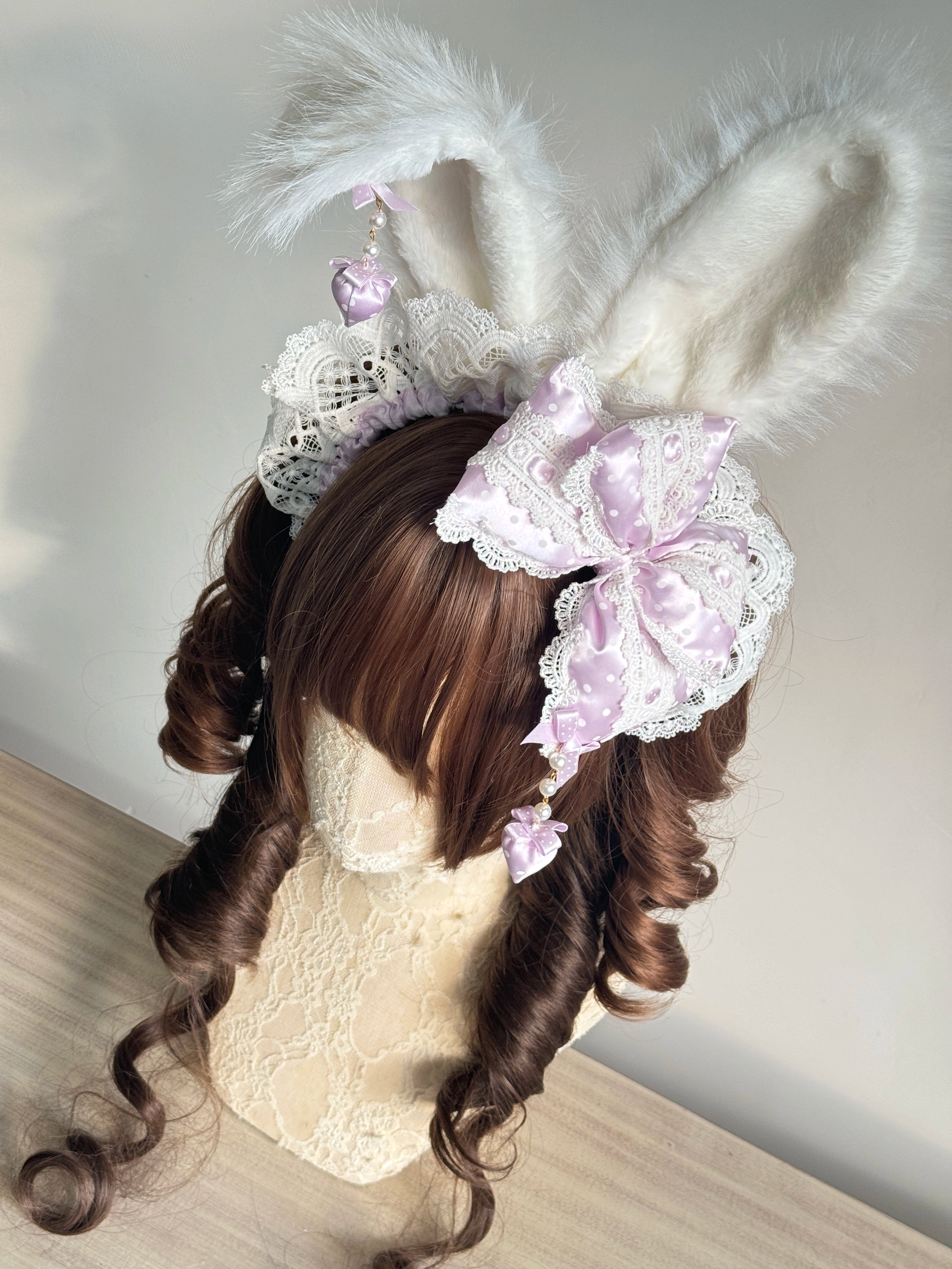 MAID - Sweet Lolita Headdress, Polka Dot Bow, Bunny Ear Purple Bow + White Bunny Ears