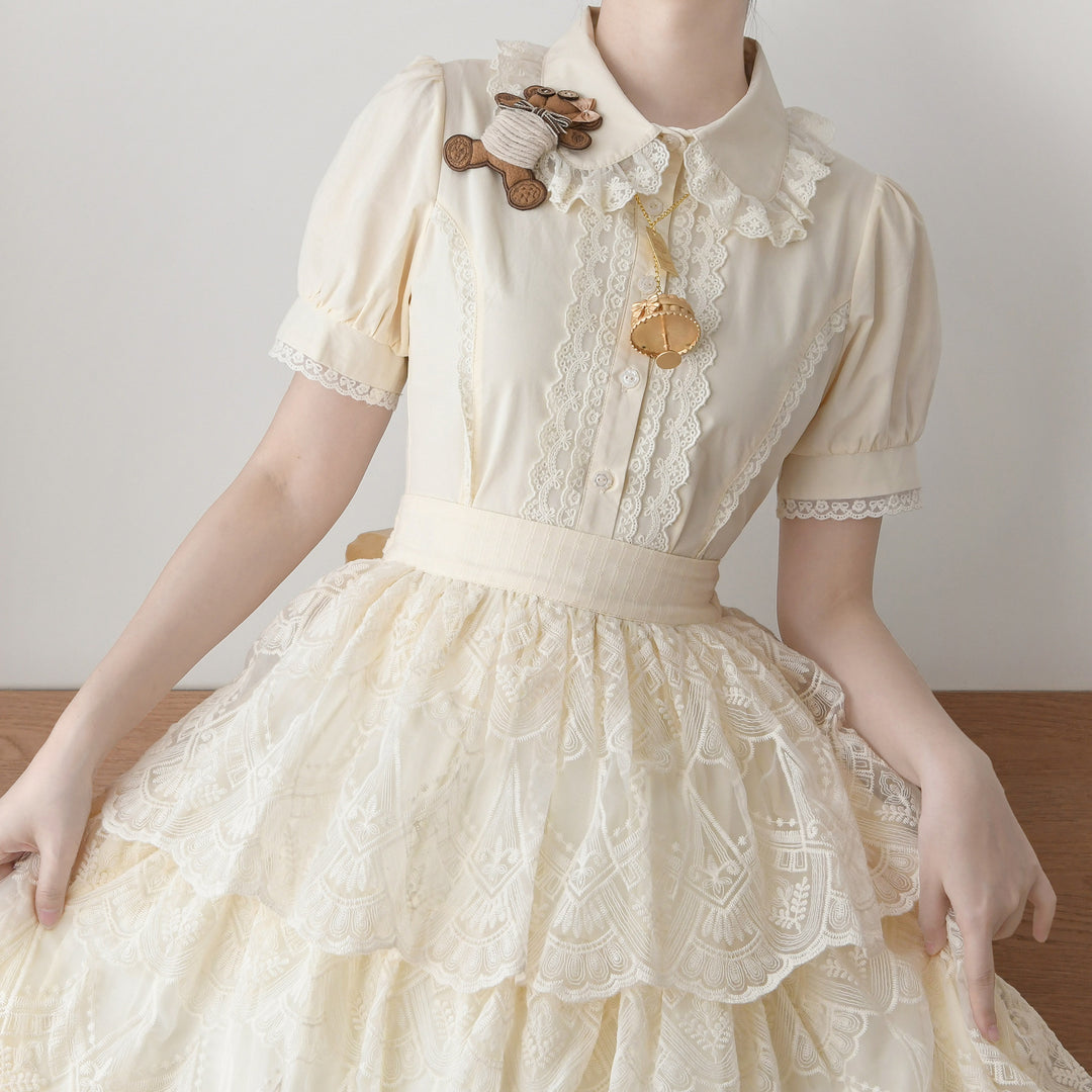 MIST~Lily~Cotton Retro Lolita Blouse with Lace Ruffles and Short Sleeve