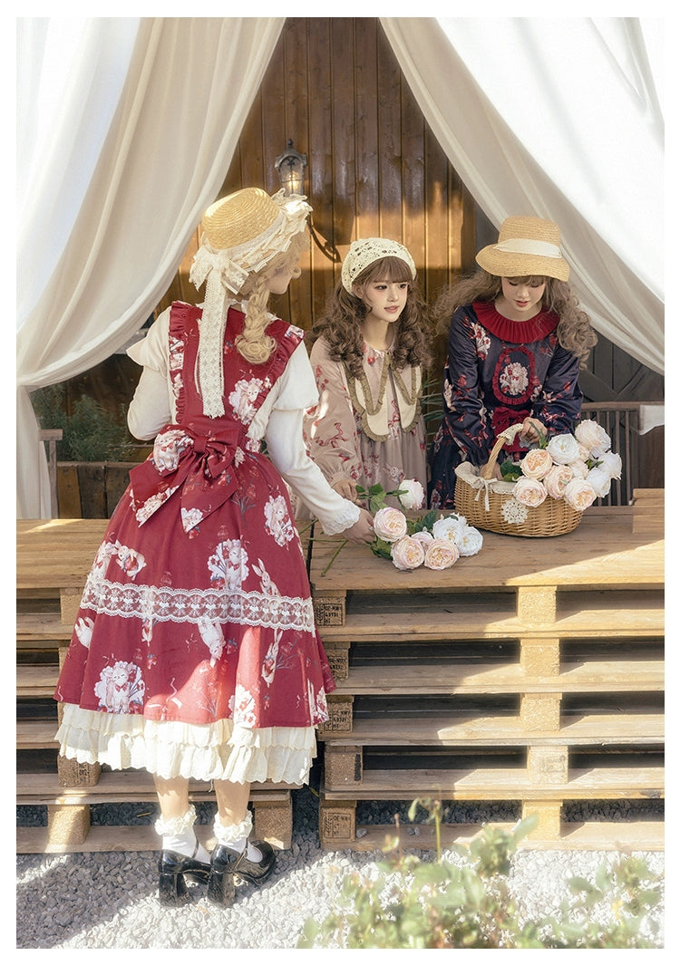 With PUJI~Sheepberry Bunny Air~Sweet Lolita Dress Velvet Print JSK and OP