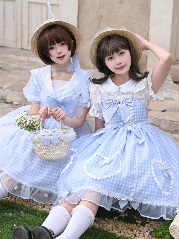 Daisy Cake - Blue Plaid Sweet Lolita JSK Dress, Daisy-trimmed Bows