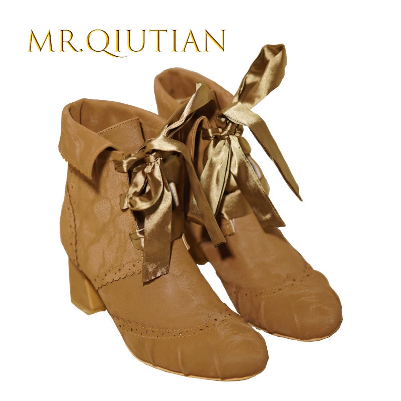 MR.Qiutian~Unknown Lady~Retro Lolita Shoes Round Head Boots for Autumn and Winter 35 Brown 