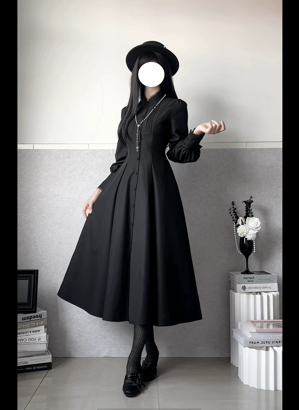Astrea - Black Classic Lolita Long OP Dress, Side Pockets