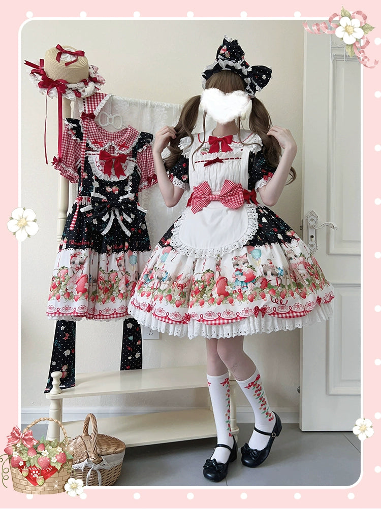 GD Lolita~Cat Strawberry Garden~Sweet Lolita Dress High Waist JSK Strawberry Print OP