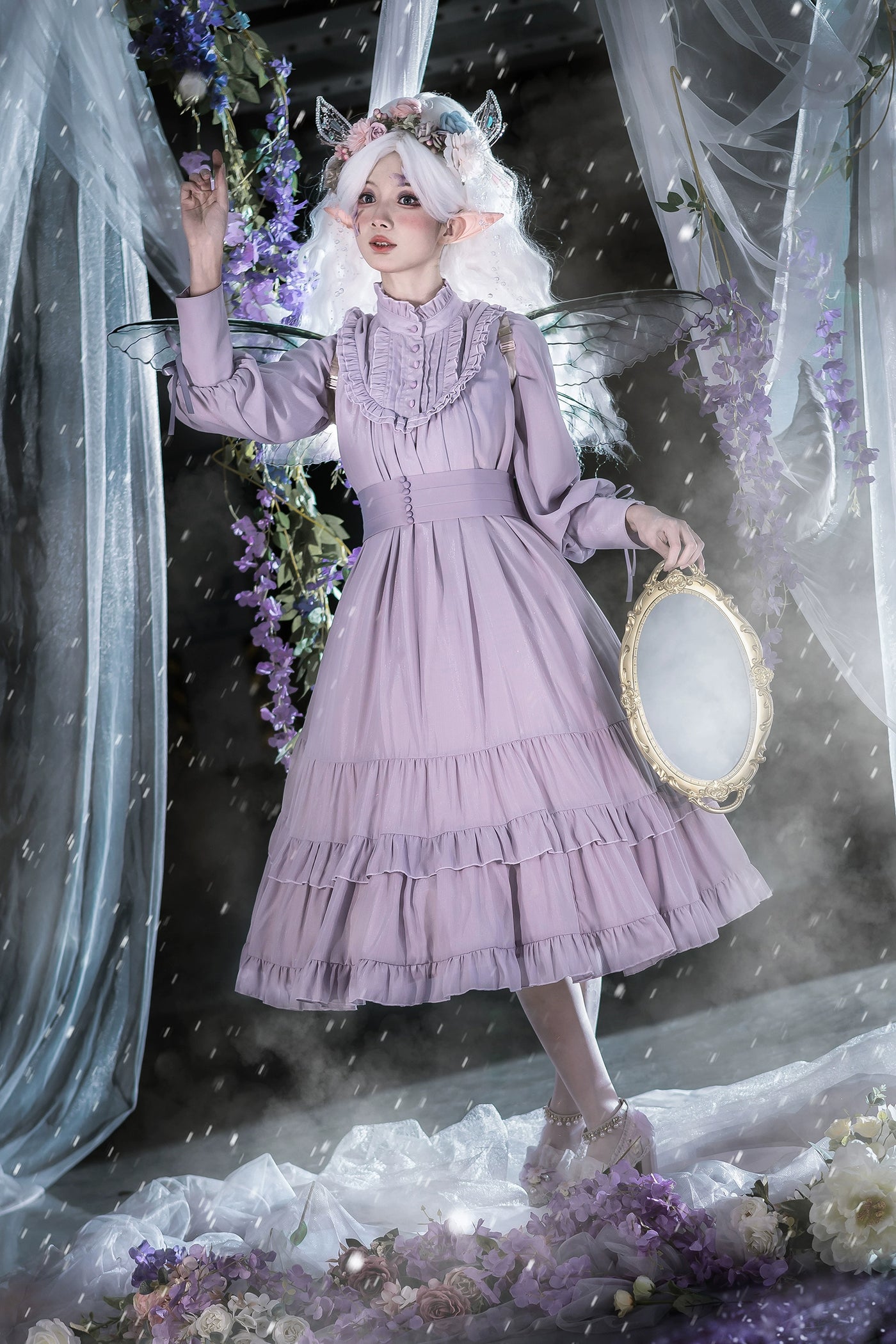 Little Dipper~Windsor Princess~Elegant Lolita Dress Stand Collar OP Dress Multicolors S grey purple color wide waistband long dress 
