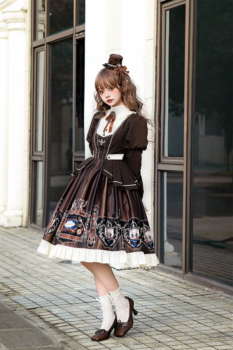 Jinmu~Chocolate Academy~Vintage Lolita OP Long Puff Sleeve Schoolgirl Lolita Dress 40344:657254