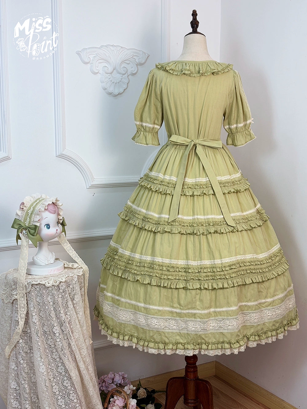 Miss Point~Cat Rose Tea~Elegant Lolita OP Open-front Short Sleeve Tiered Dress 42135:727846