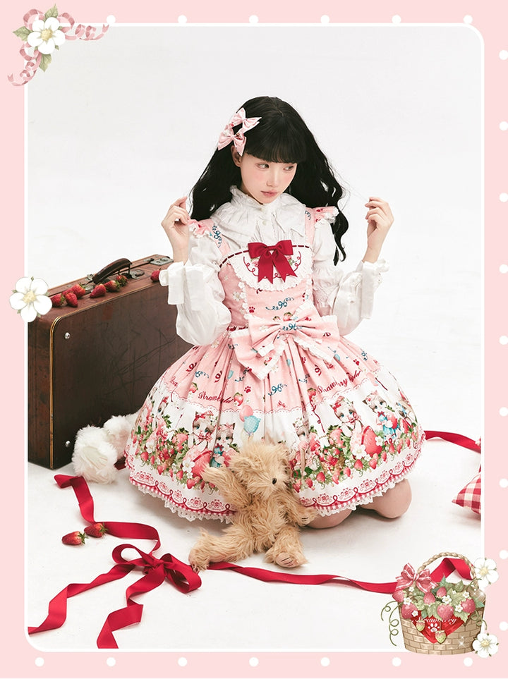 GD Lolita~Cat Strawberry Garden~Sweet Lolita Dress High Waist JSK Strawberry Print OP