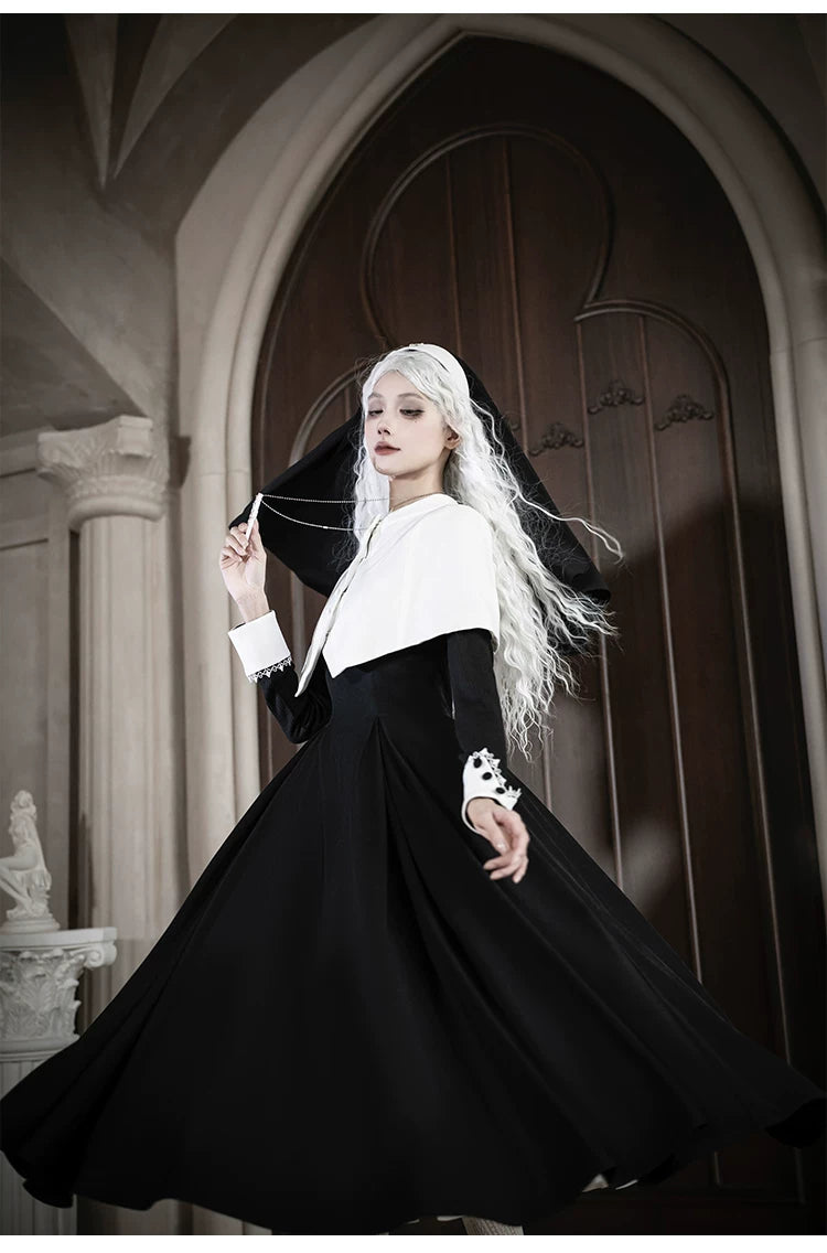 Nihil - Gothic Nun Lolita OP Dress, Irregular Hem Cape 44717:819737