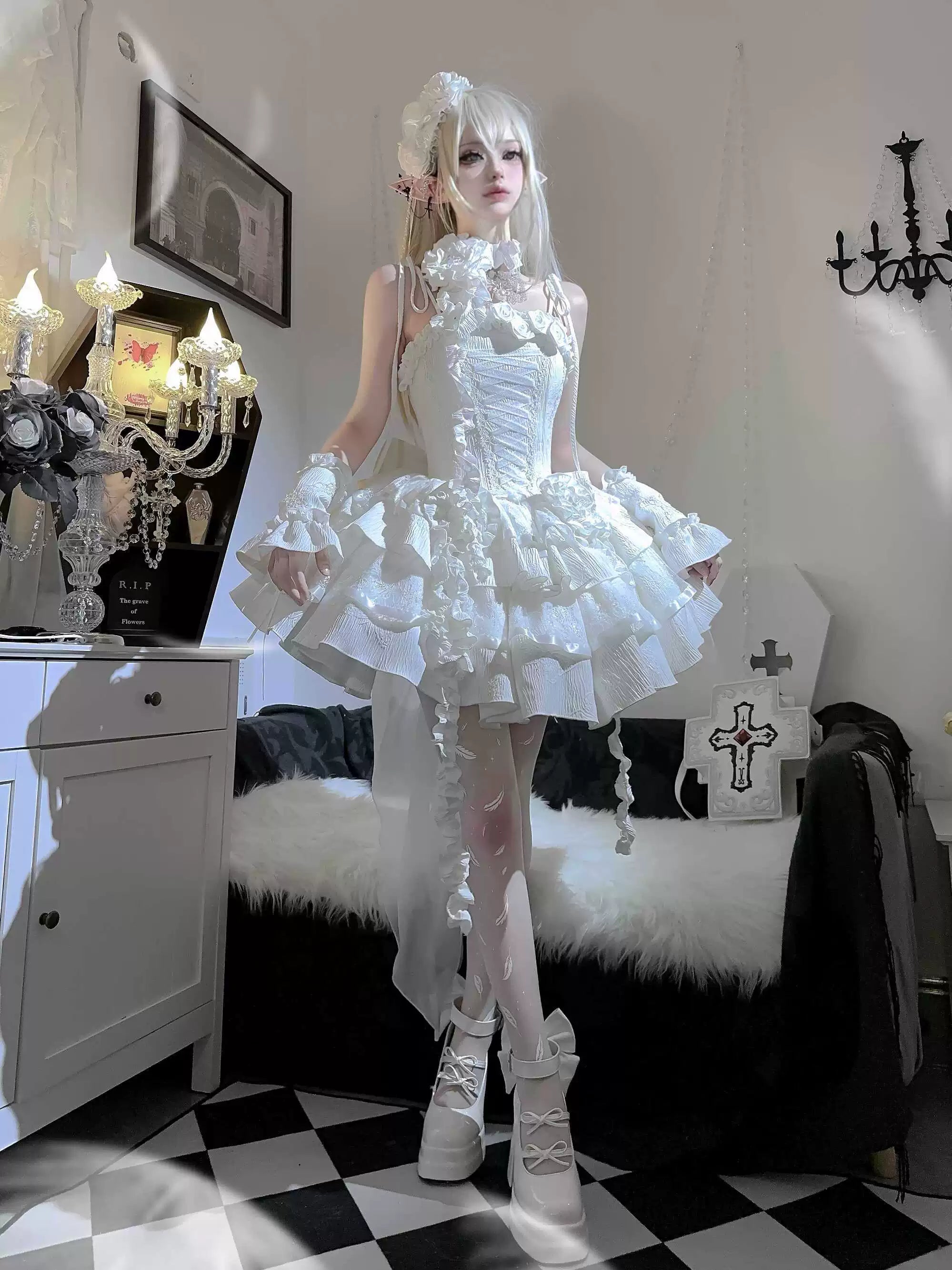 Silent Manor - White Gothic Lolita Fishbone JSK Dress 43499:777801