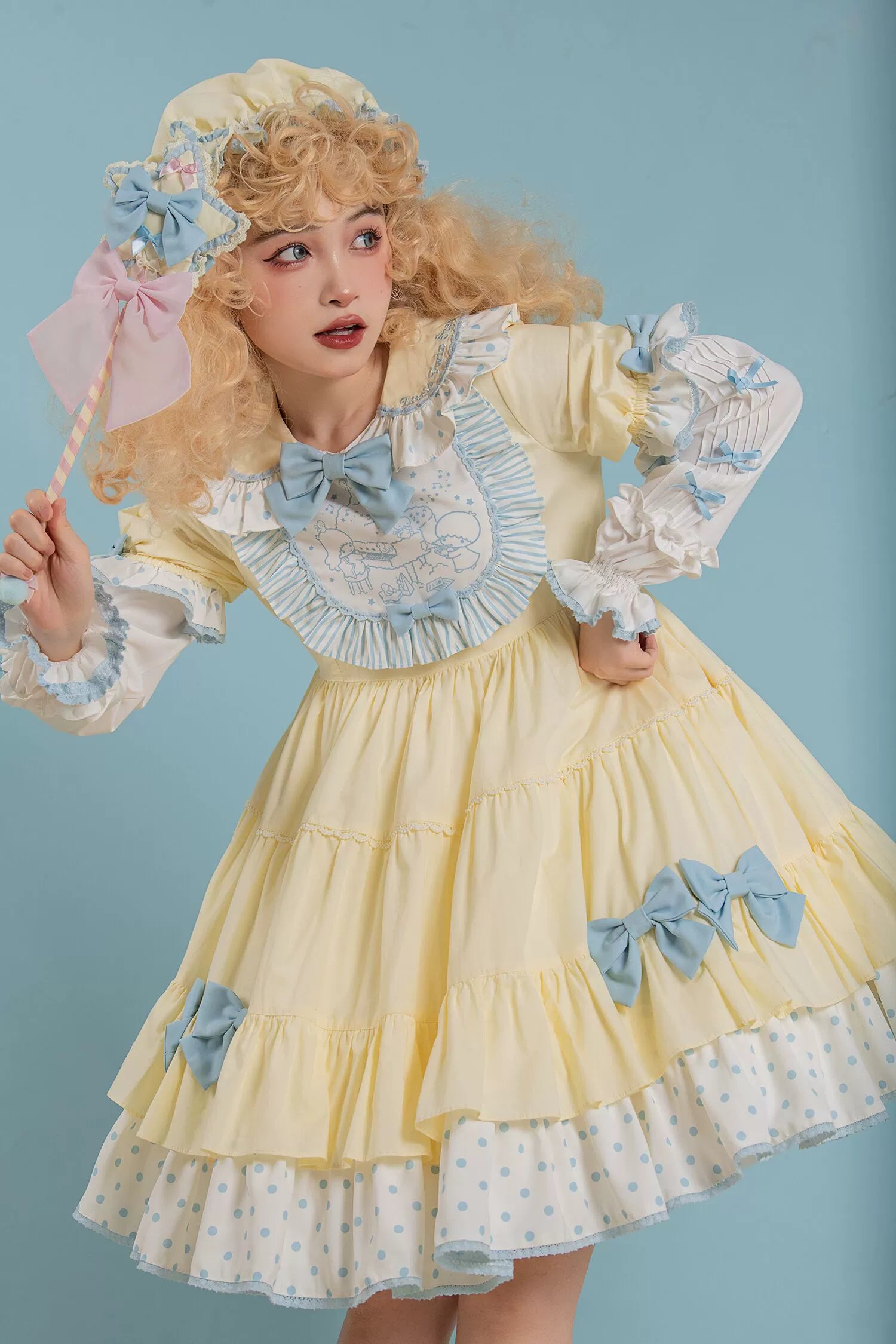 Vcastle - Sweet Lolita OP Dress Splicing Sleeve Apron Dot Print Dress