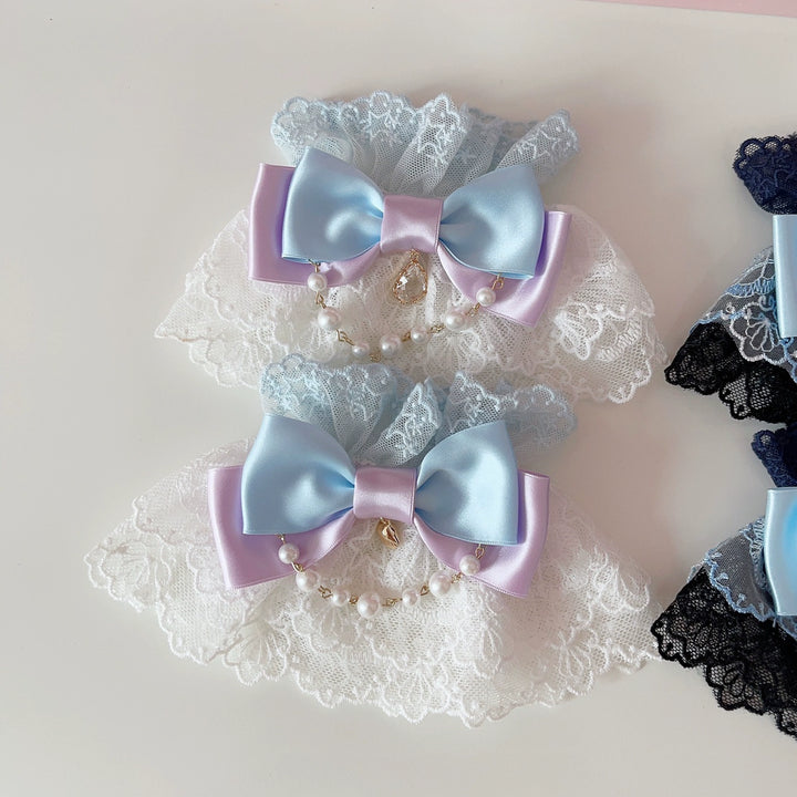 CheeseCat~Sweet Lolita Lace Cuffs Seashell Embroidery Ribbon Bow White Blue Purple Cuffs (a pair)  