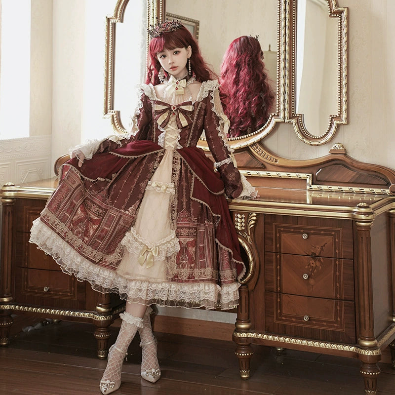 Cornfield Lolita~Baroque Palace~Classcial Lolita Long Sleeve OP Front Open Princess Sleeve Printed Dress 36964:542304