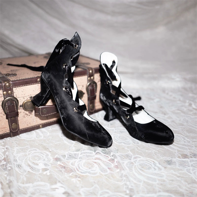 MR.Qiutian - Forbidden Dance - Elegant Lolita Velvet Shoes, Adjustable Lace-Up Straps