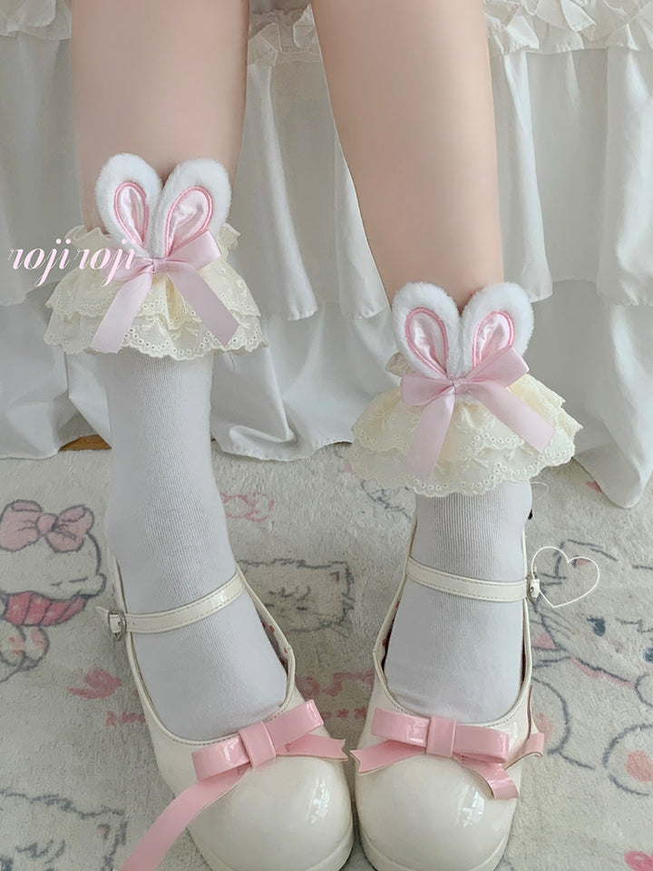 Roji roji~Cotton Lolita Bunny Ear Socks Summer Bow Short Socks Short socks (about 34cm) pink ear with yellow lace