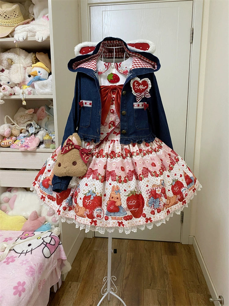 To Alice~Spring Strawberry Bunny~Kawaii Lolita Salopette Dress Hooded Coat and Blouse