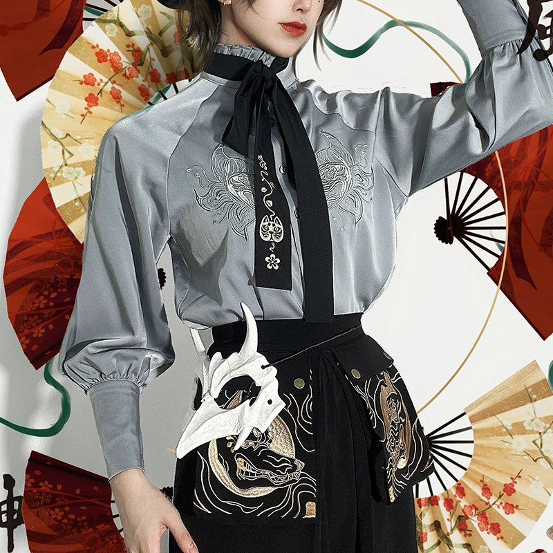 Quirky House~Wang Liang~Vintage Lolita Embroidered Shirt Mutton Sleeve Top S Gray shirt with embroidery tie 