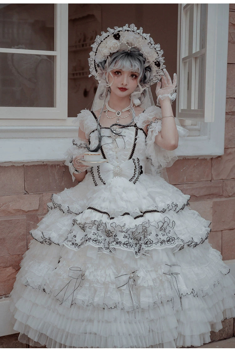 Cat Fairy~Dark Starry Night~Wedding Lolita Jumper Dress Black And White Tea Party Dress