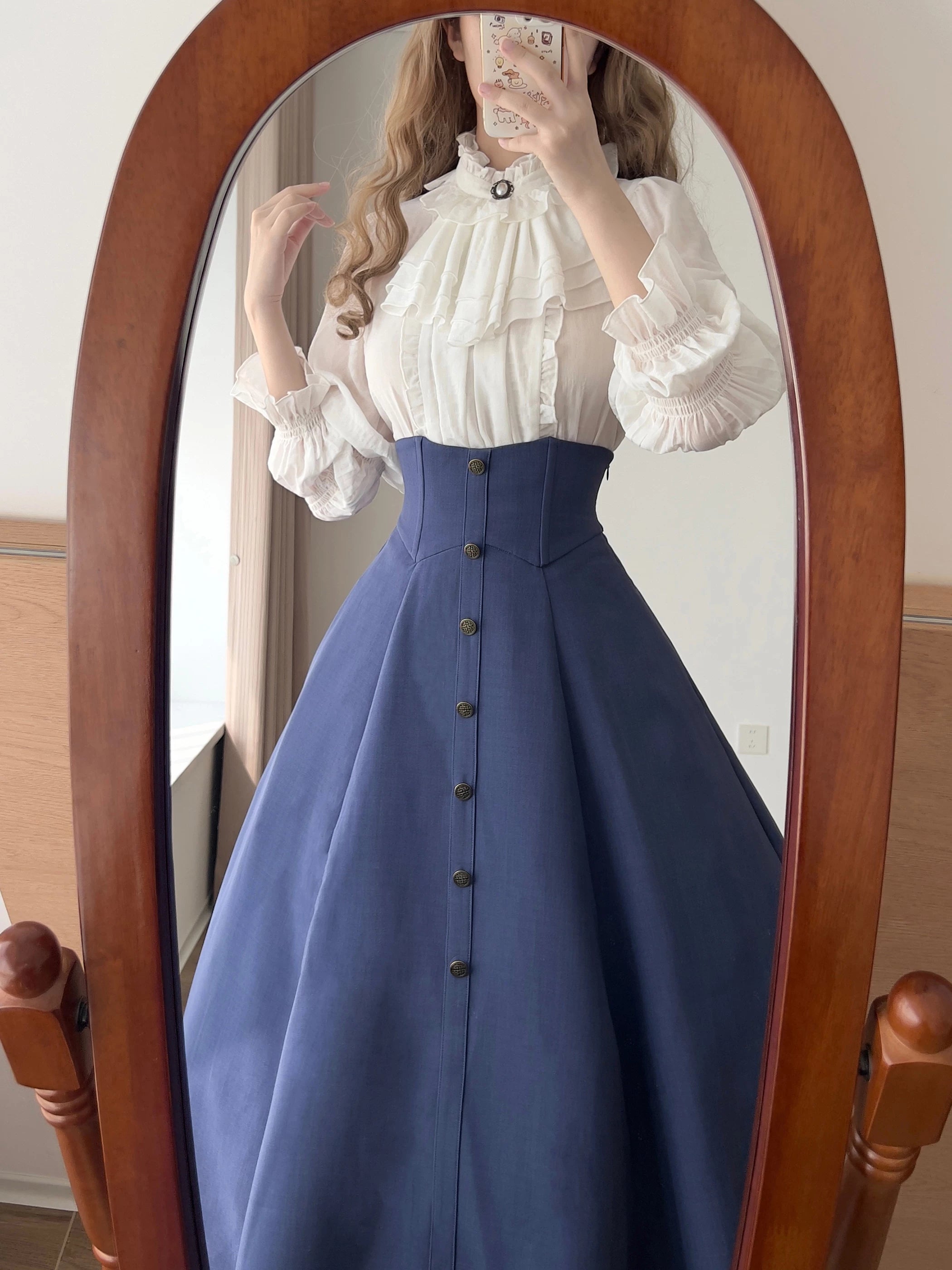 Misty Forest - White Classic Lolita Long Sleeve Blouse, Detachable Jabot