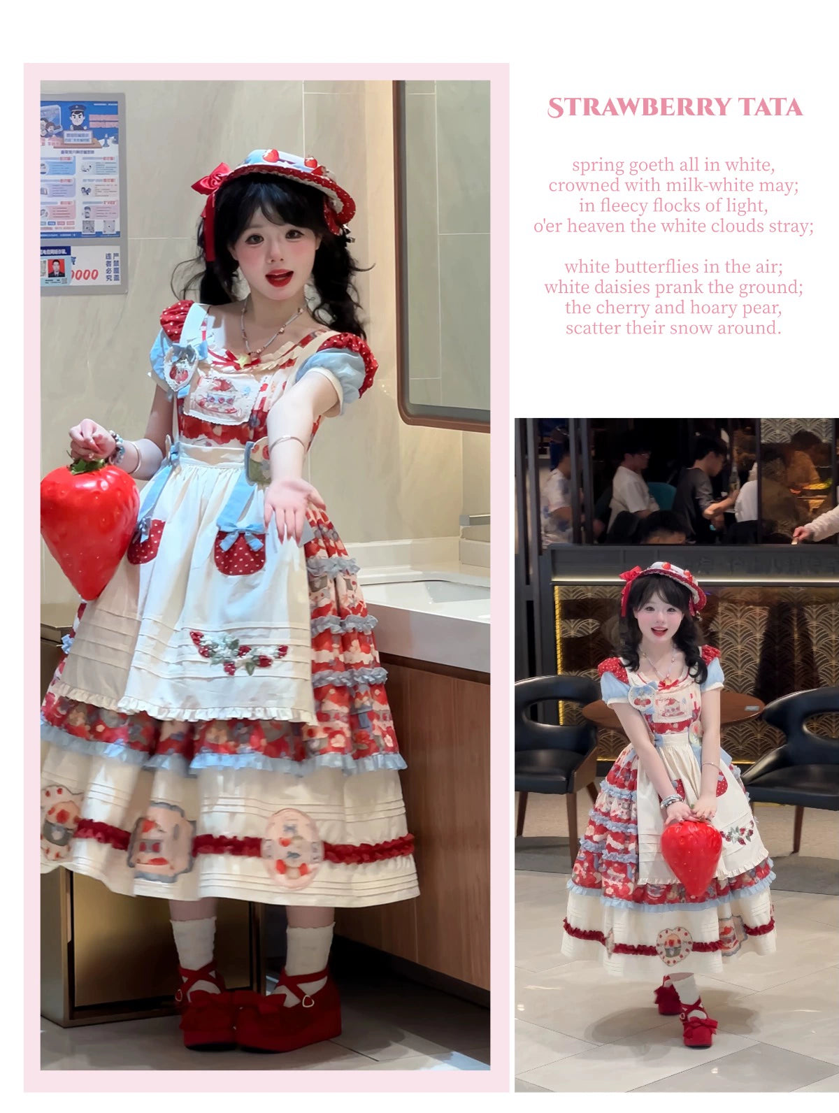 Rose Whispers - Strawberry Tata - Sweet Lolita Dress Suit With Strawberry Cake Print 43173:769173