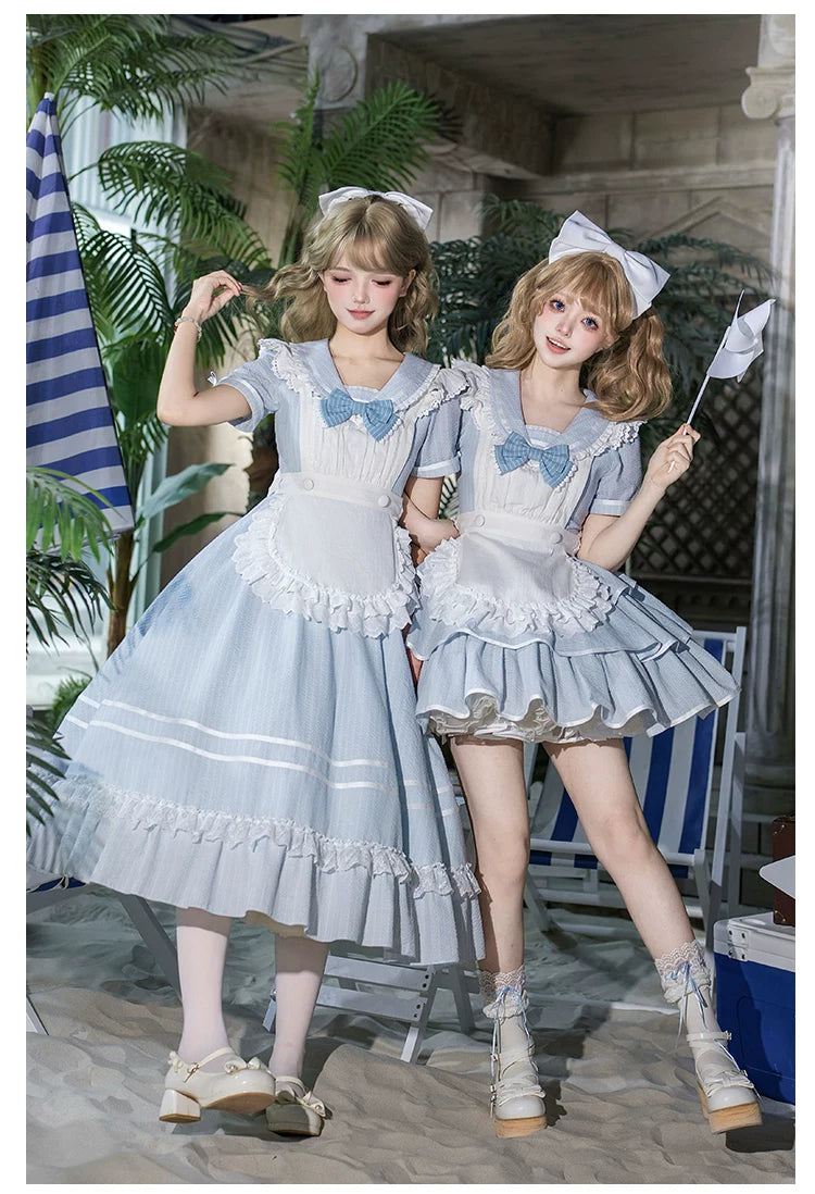 Seven-Day Bell - Blue Classic Lolita Striped OP Dress, Sailor Collar 45166:837881
